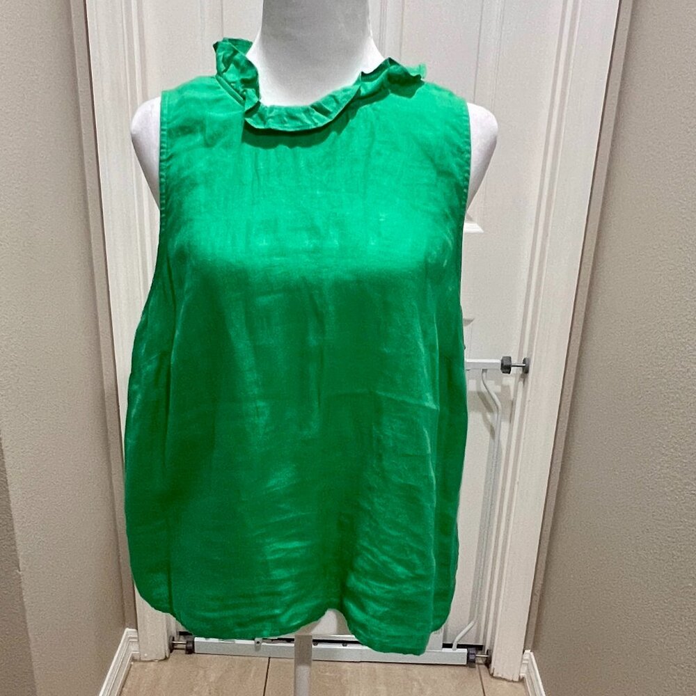 J. Crew Bright Green Sleeveless Ruffle Neck Blouse